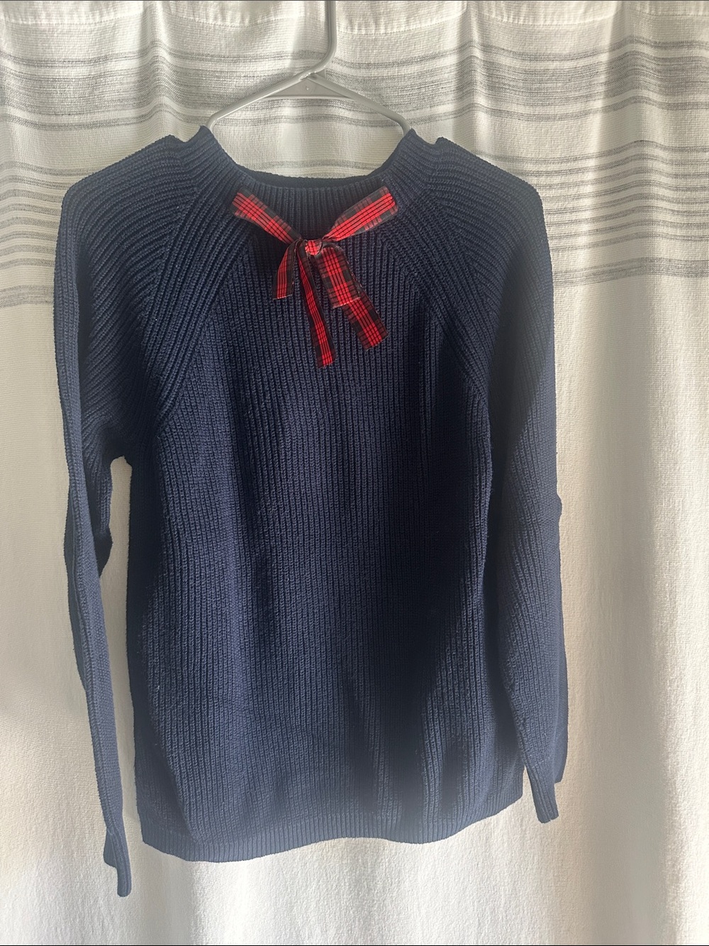 J. Crew Navy Ribbed Sweater with Red Plaid Bow